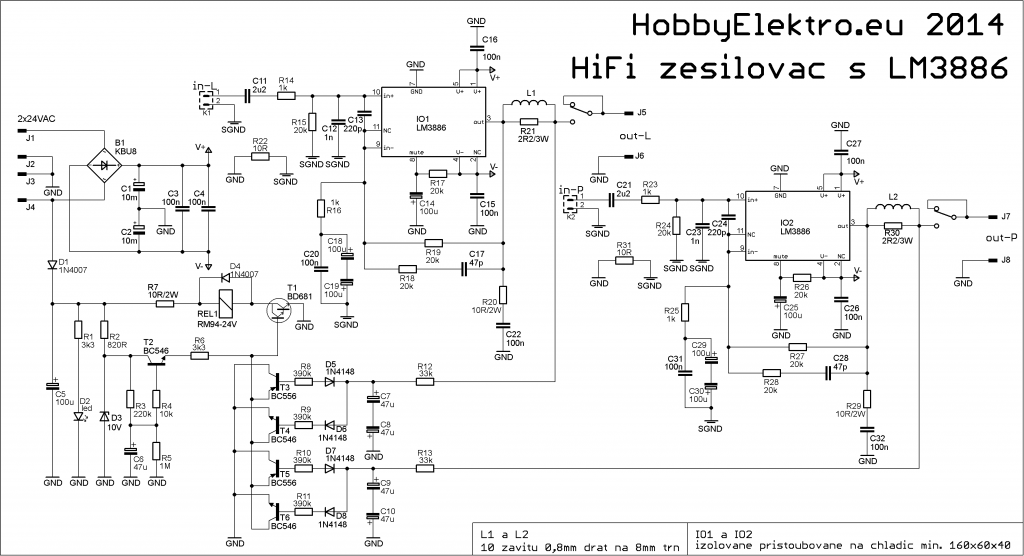 zesilovač lm3886 schéma